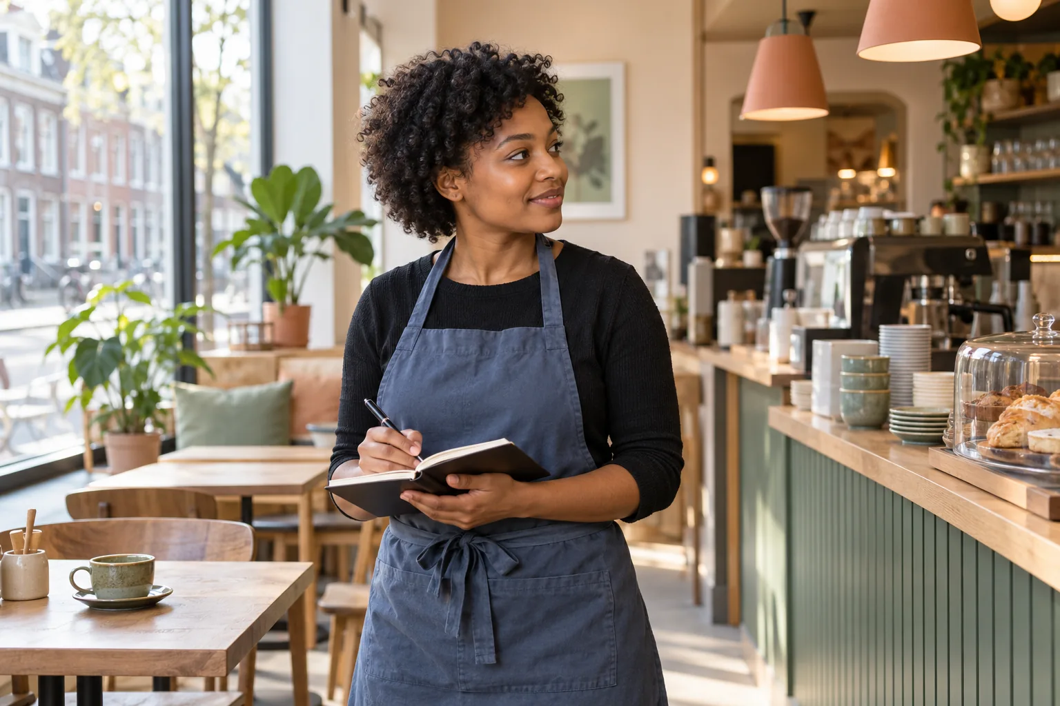 Horecaondernemer maakt aantekeningen in een notitieboek aan de bar van haar café.