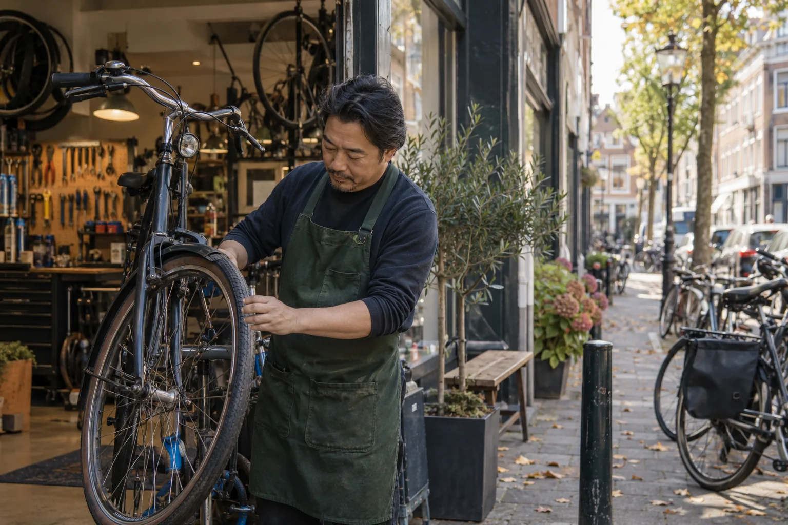 Fietsenmaker werkt aan een fiets in een lichte werkplaats aan een Nederlandse straat.
