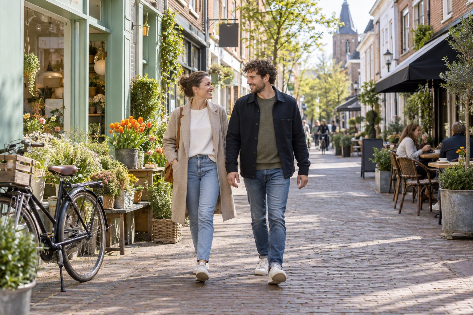 Voorbijgangers wandelen door een winkelstraat met een bloemenwinkel en een terras.