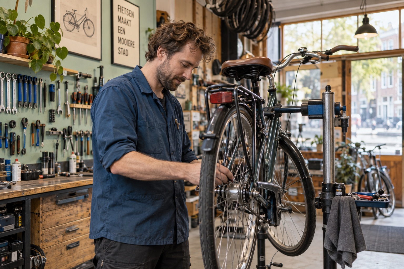 Fietsenmaker repareert een stadsfiets in een werkplaats.