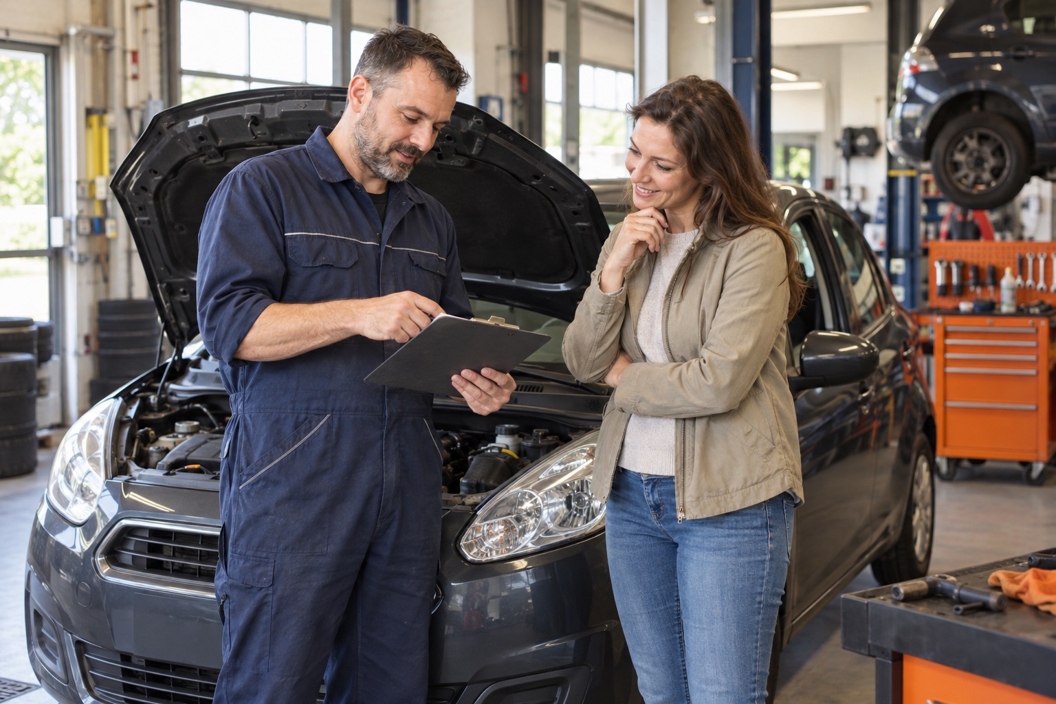 Automonteur bespreekt een onderhoudschecklist met een klant naast een auto in een werkplaats.