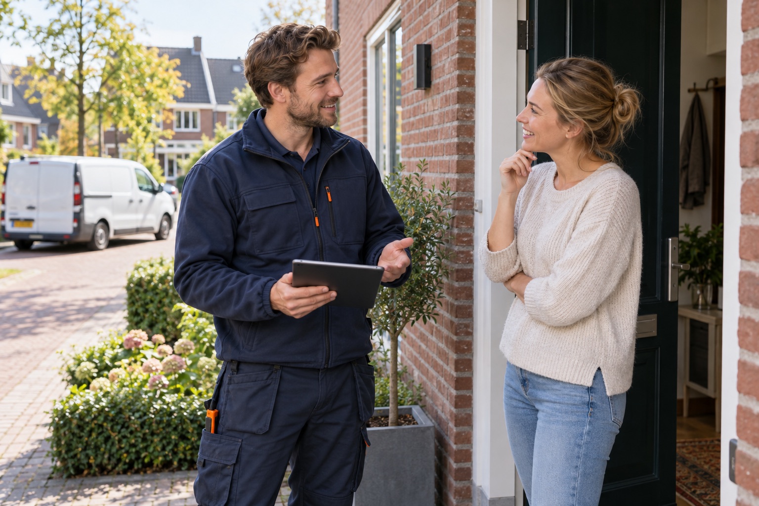 Installateur met een tablet in gesprek met een bewoner bij de voordeur van een woning.
