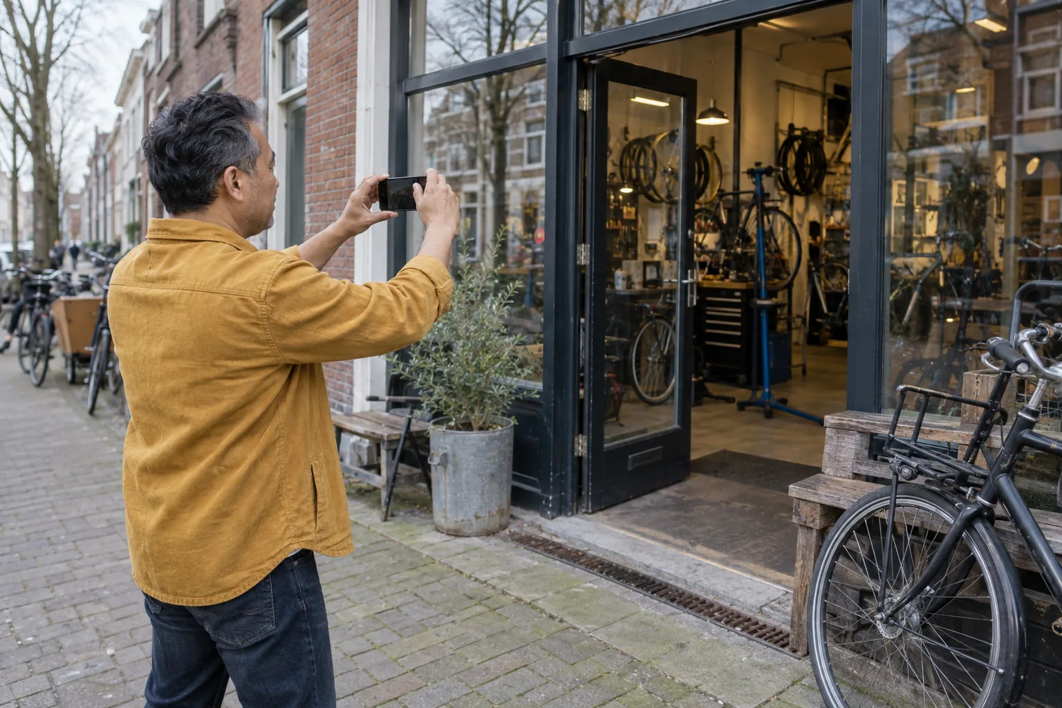 Ondernemer fotografeert met zijn telefoon de glazen ingang van een fietsenwerkplaats.