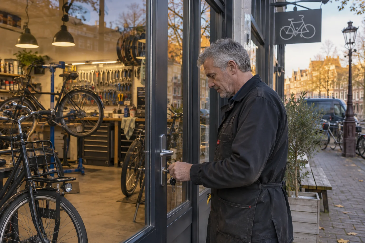 Een fietsenmaker sluit de deur van zijn werkplaats.