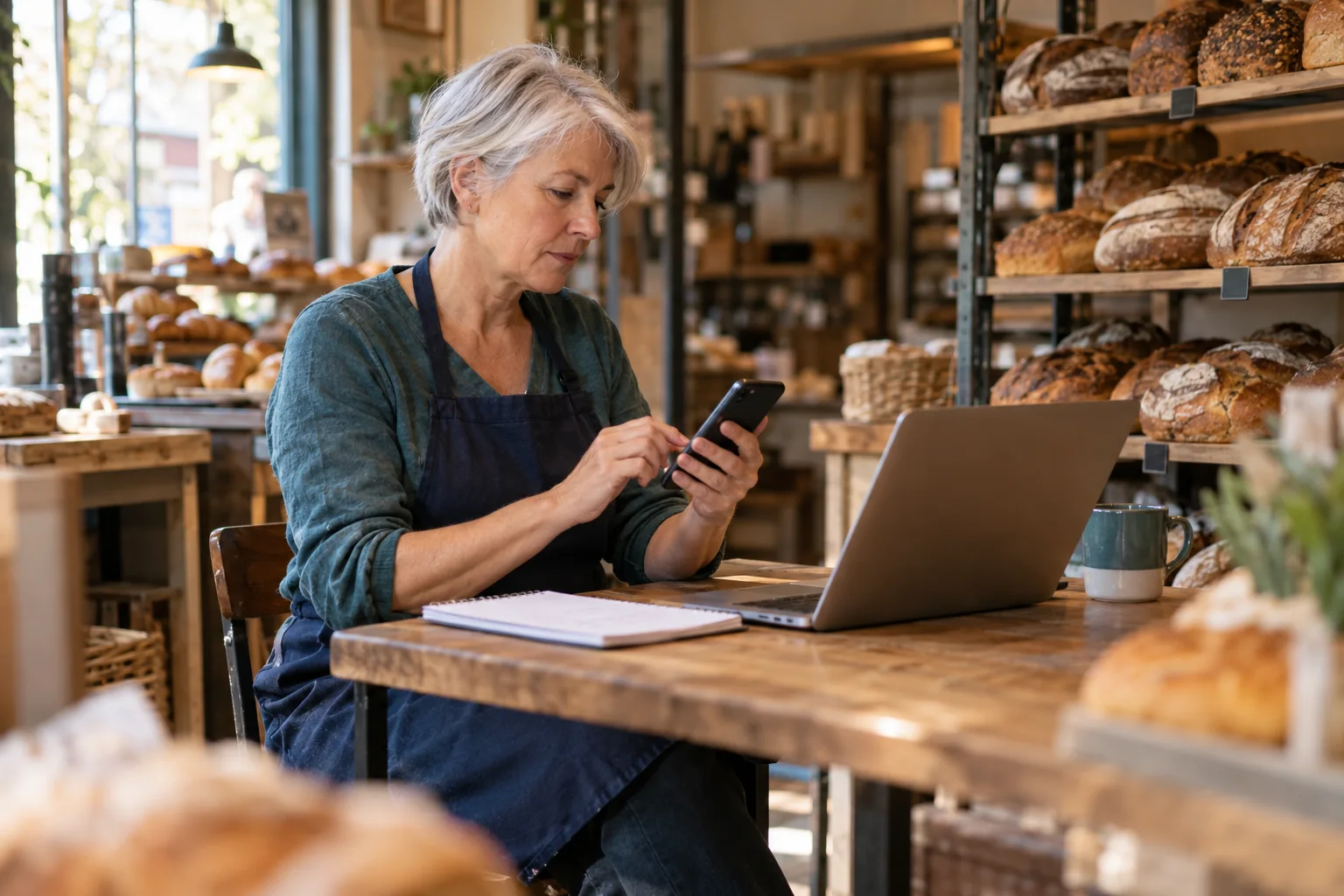 Bakker met kort grijs haar bekijkt haar telefoon naast een laptop in de bakkerij.