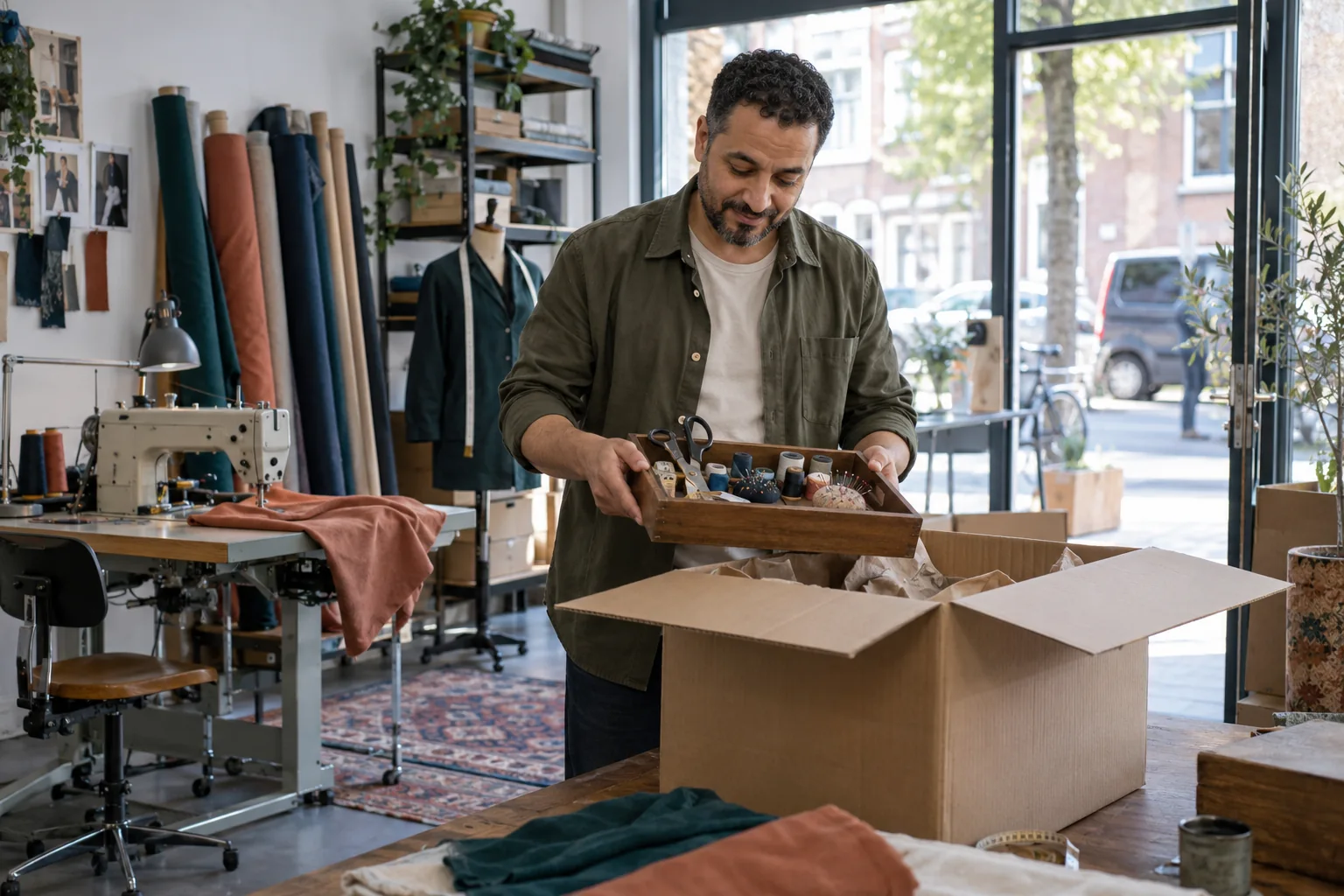 Kleermaker pakt gereedschap uit een verhuisdoos in zijn nieuwe werkplaats.