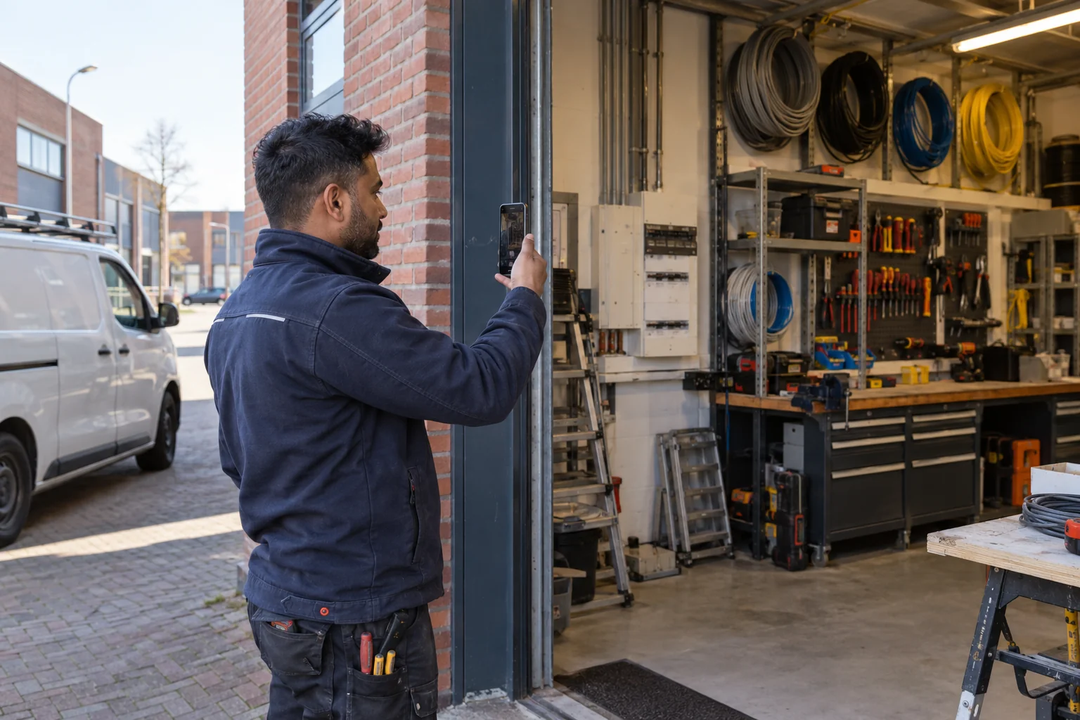 Een installateur filmt zijn werkplaats met een telefoon.