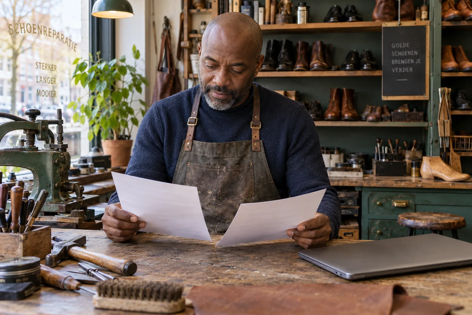 Schoenmaker vergelijkt twee vellen papier aan een werkbank in zijn werkplaats.