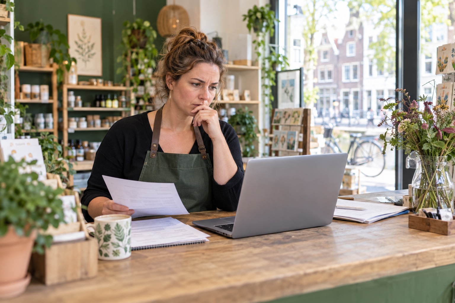 Winkelier bekijkt documenten en een laptop voor haar bedrijfsprofiel.