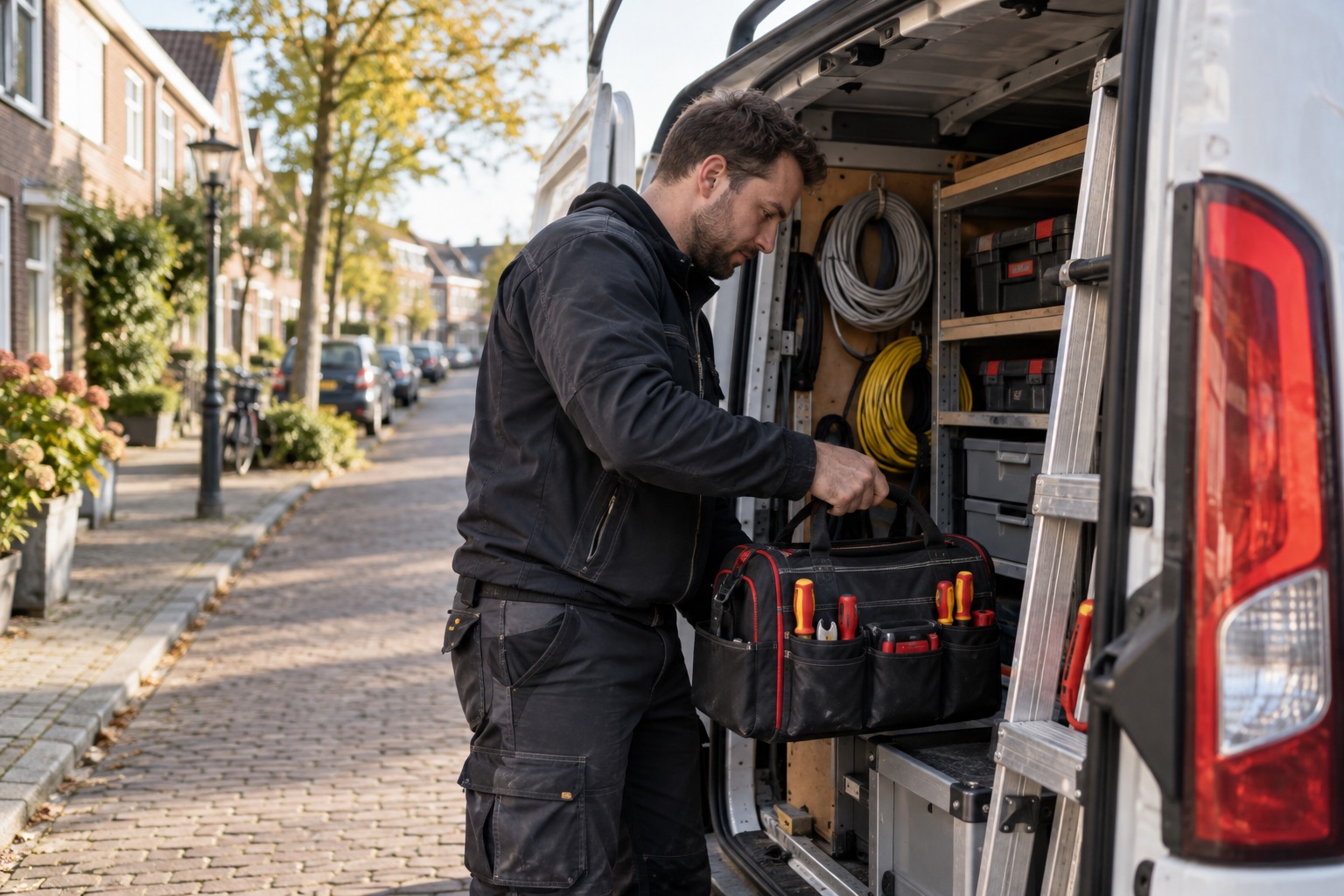 Installateur pakt gereedschap uit zijn bedrijfsbus voor een bezoek op locatie.