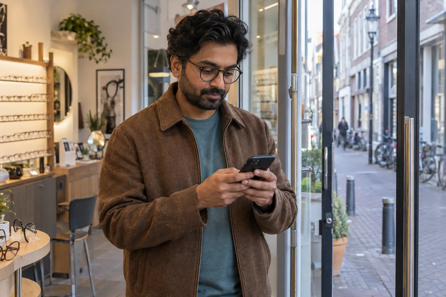 Opticien bekijkt zijn telefoon bij de glazen ingang van een brillenwinkel.
