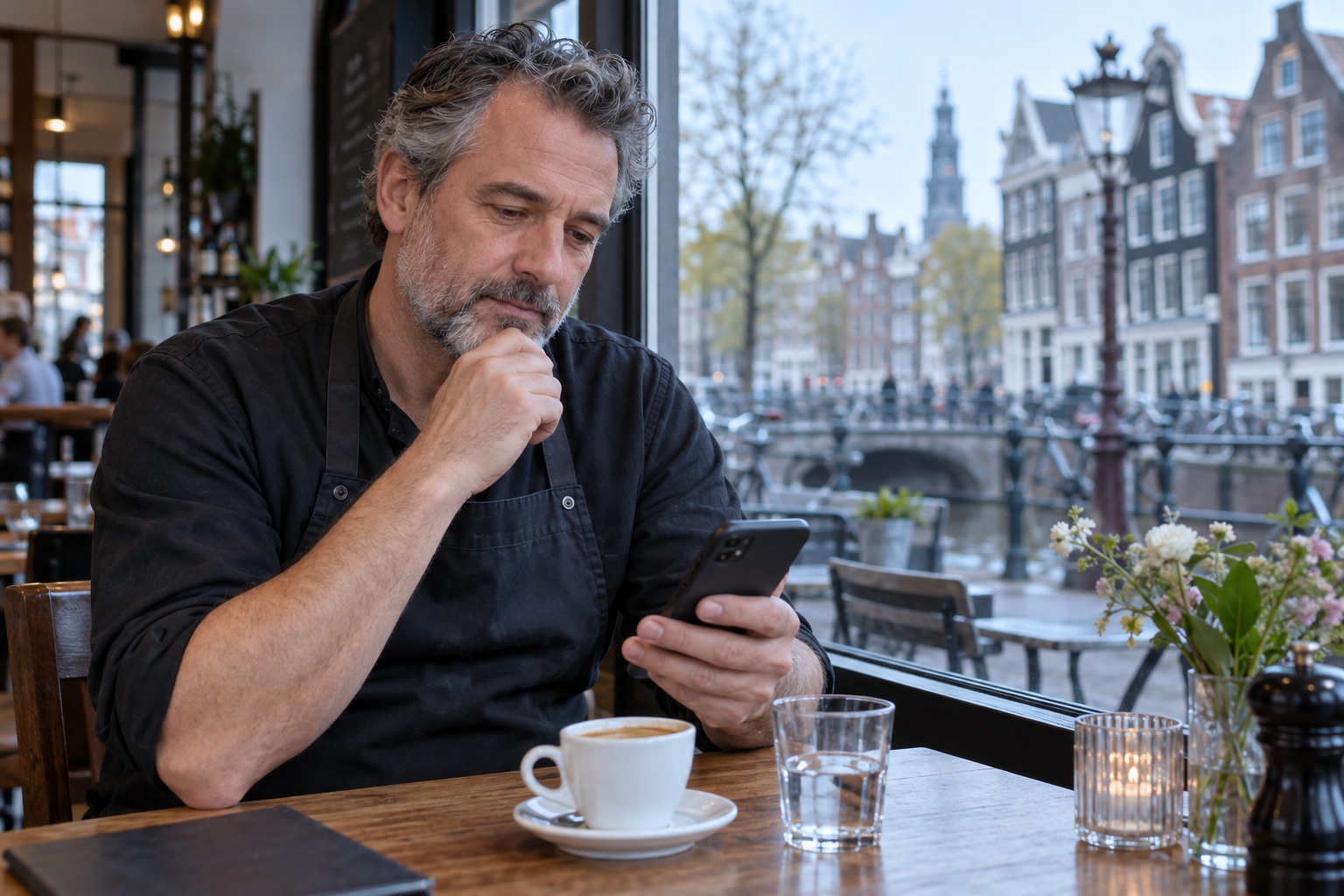 Horecaondernemer bekijkt aandachtig een beoordeling op zijn telefoon.