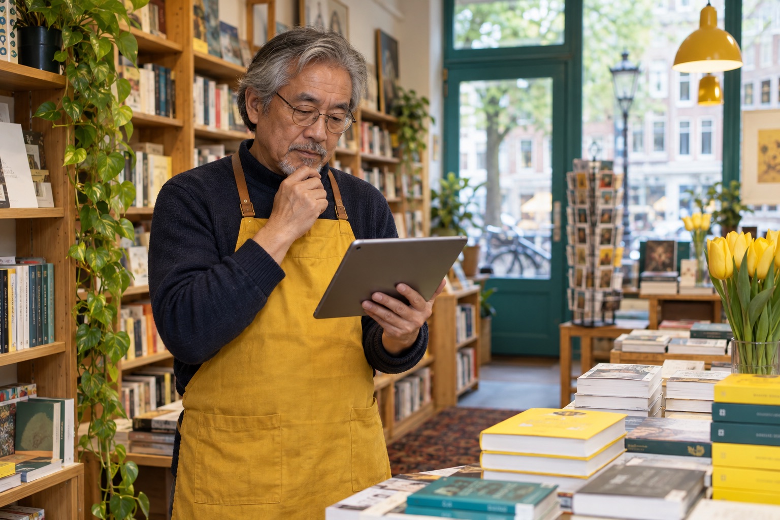 Boekhandelaar controleert een tablet in zijn winkel.