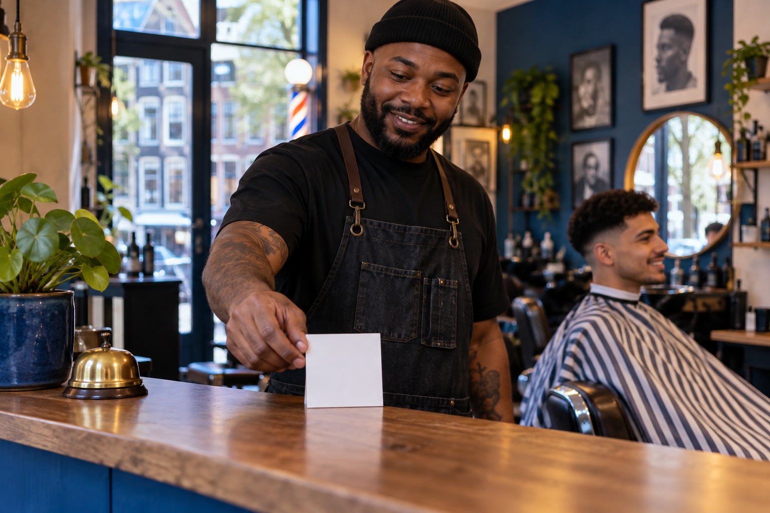 Barbier staat bij de balie van zijn werkplaats met een kaartje in zijn hand.