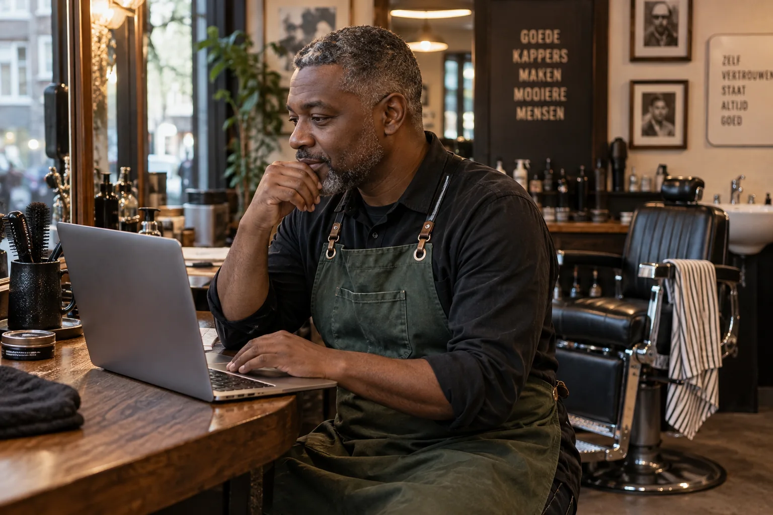 Barbier met grijze baard bekijkt een laptop aan de balie van zijn barbershop.