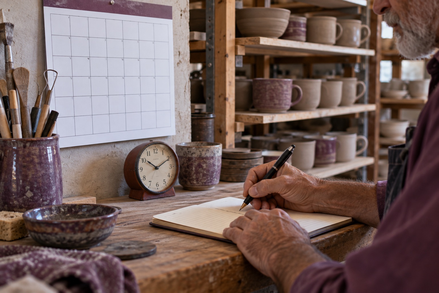 Keramist plant zijn werk met een kalender en klok.