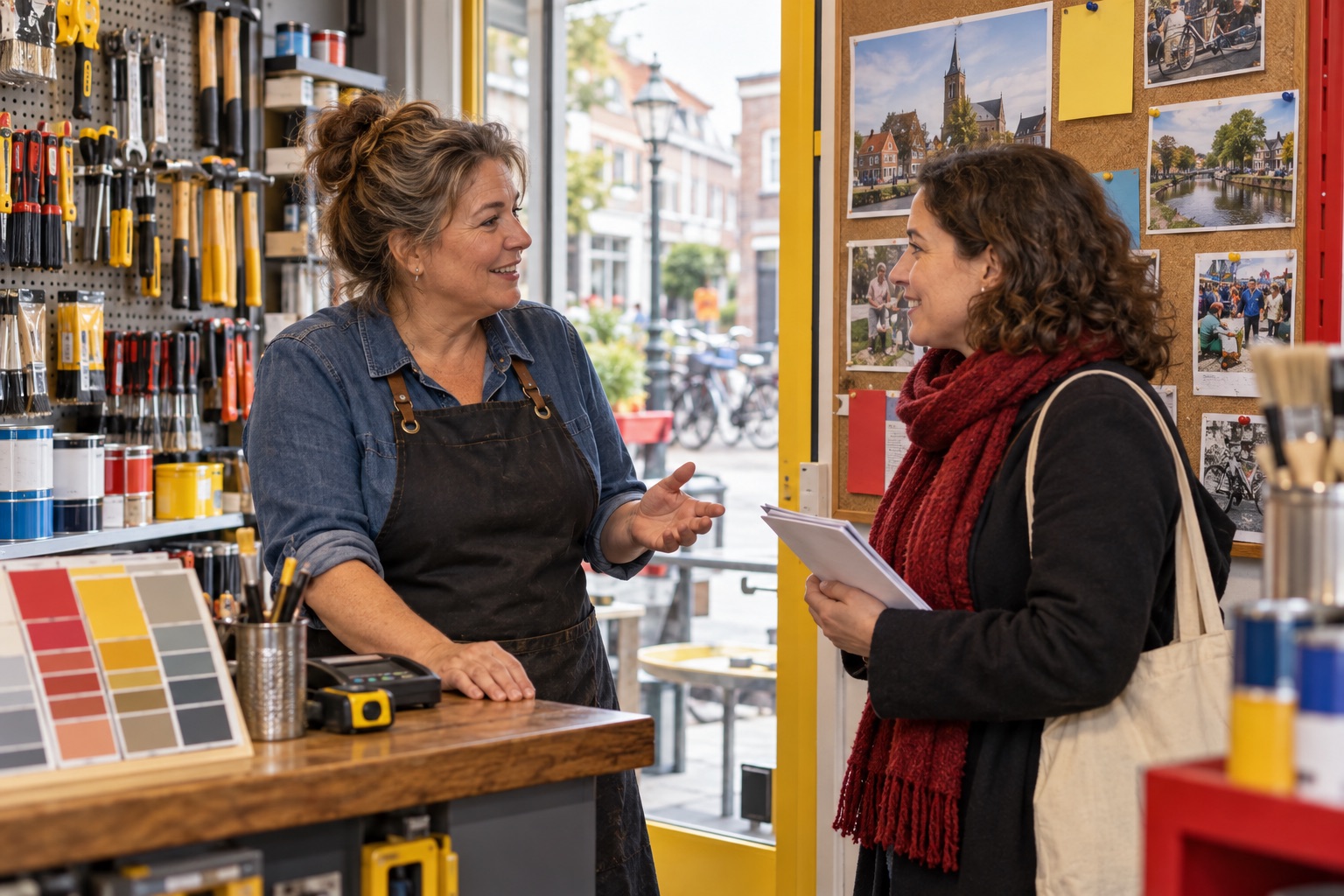 Winkelier bespreekt een lokale samenwerking aan de balie.