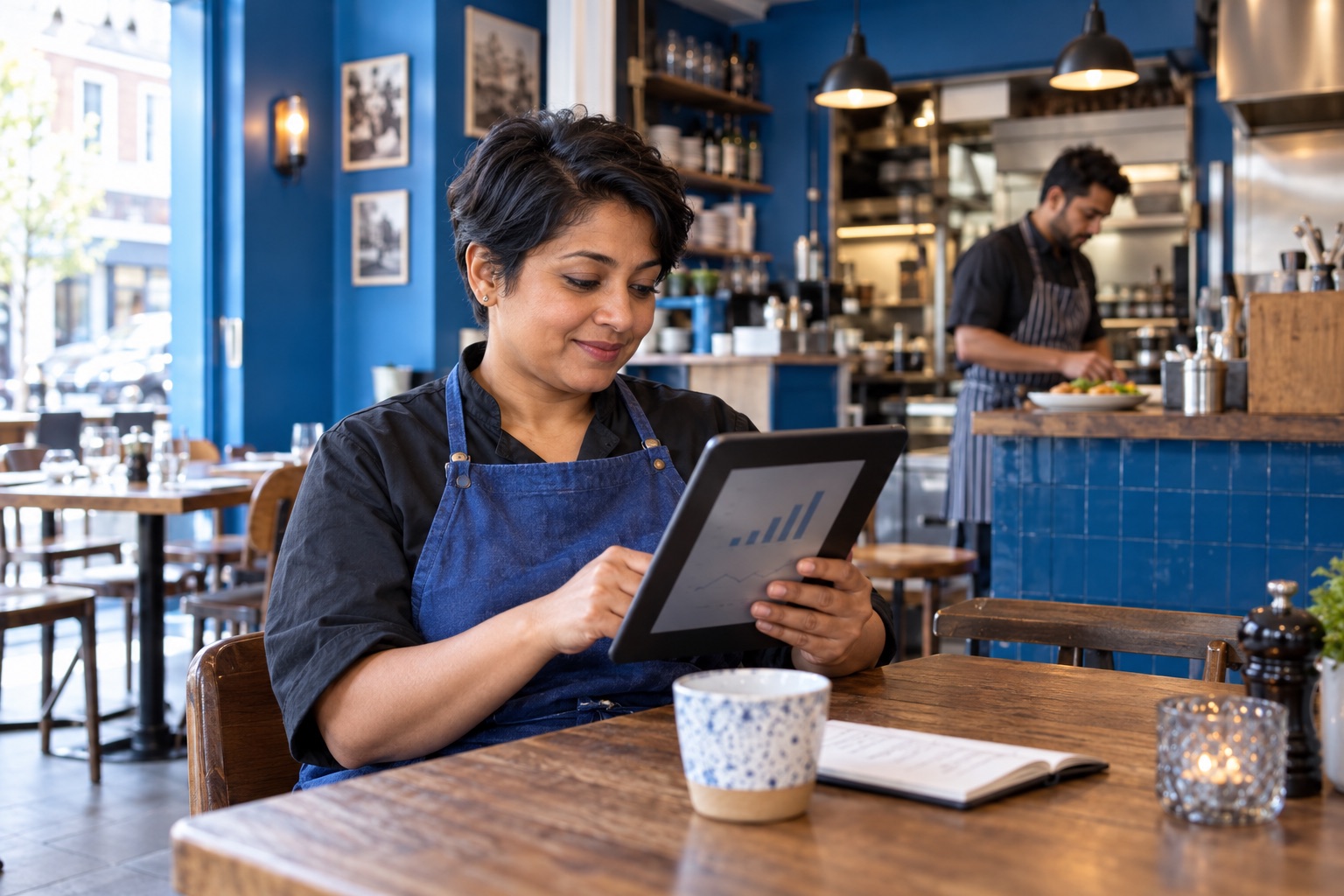 Horecaondernemer kijkt op een tablet naar informatie over haar bedrijf.