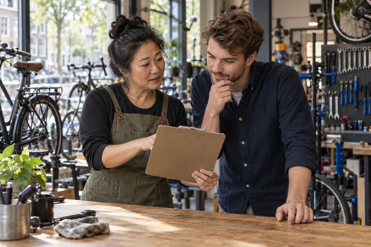 Twee ondernemers bespreken aantekeningen aan de balie van een fietsenwerkplaats.