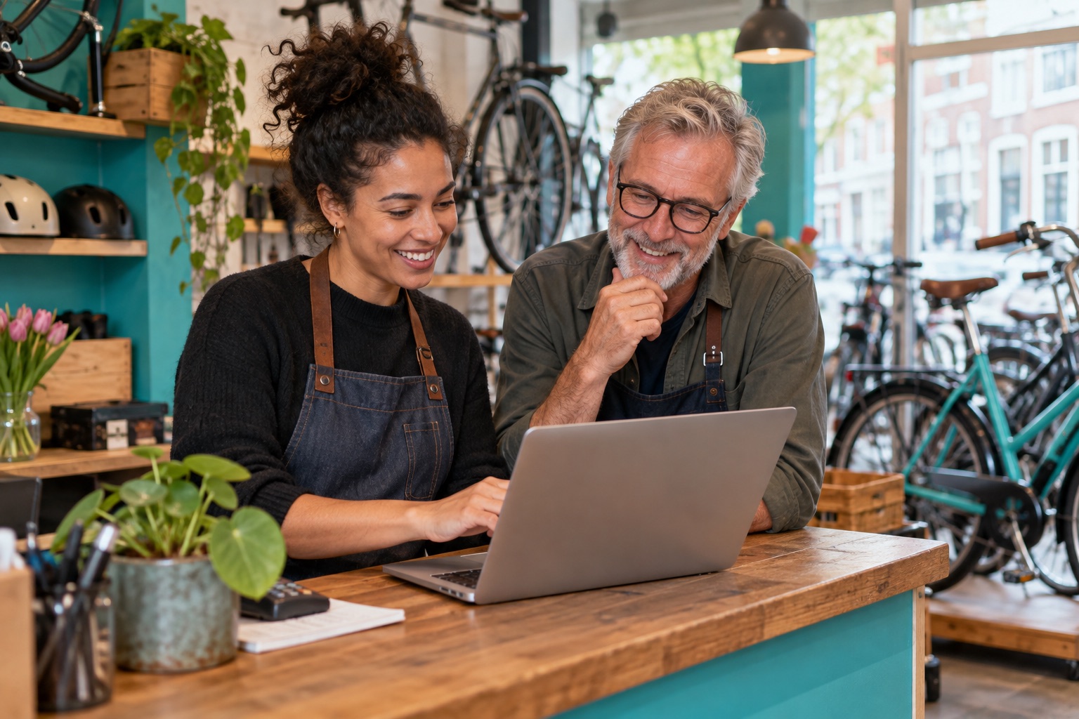 Twee mensen bespreken informatie op een laptop in een fietsenwerkplaats.