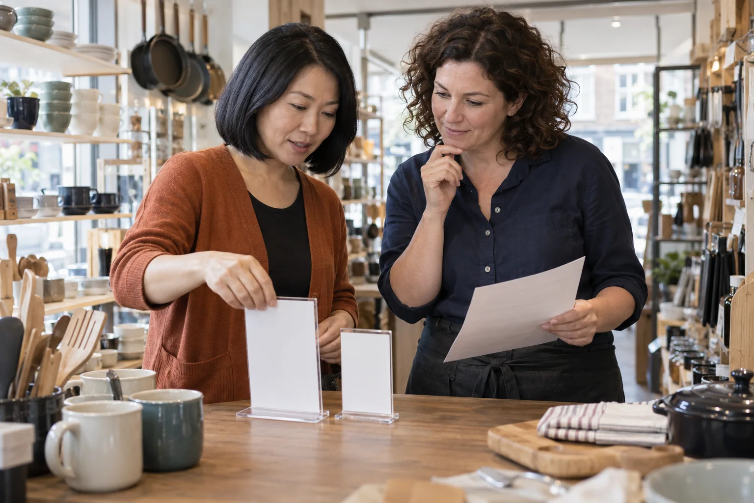 Twee winkelmanagers vergelijken kaartstandaards en een checklist aan de balie van een winkel met keukengerei.