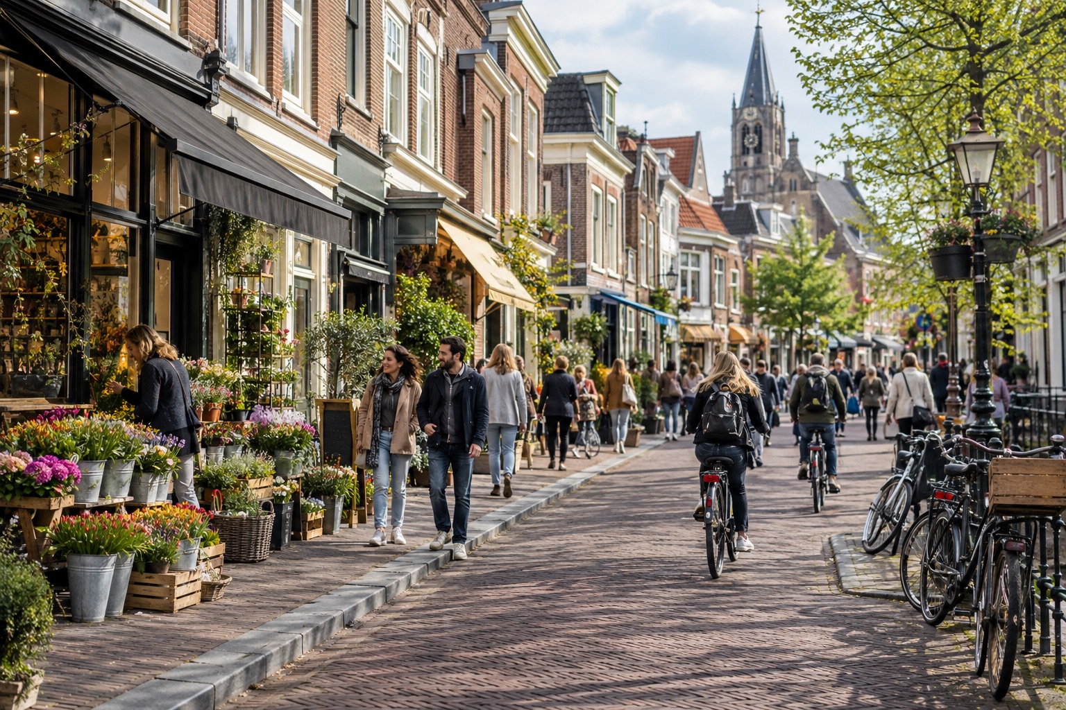 Winkelstraat met lokale ondernemers, wandelaars en fietsers.
