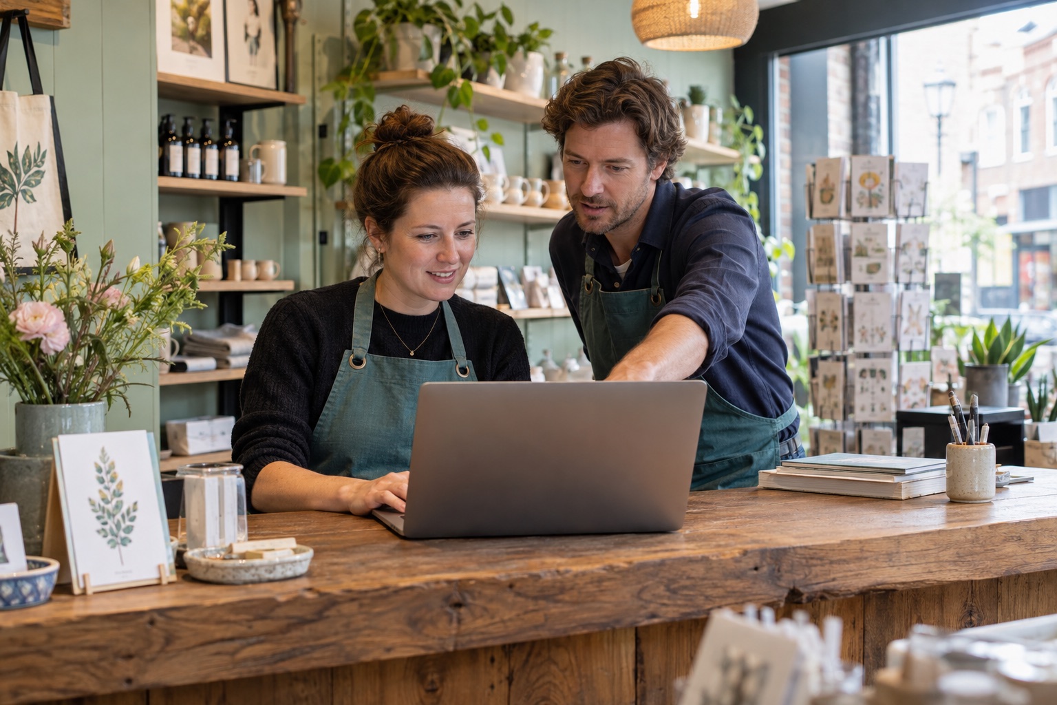 Twee ondernemers bekijken samen een laptop aan een winkelbalie.