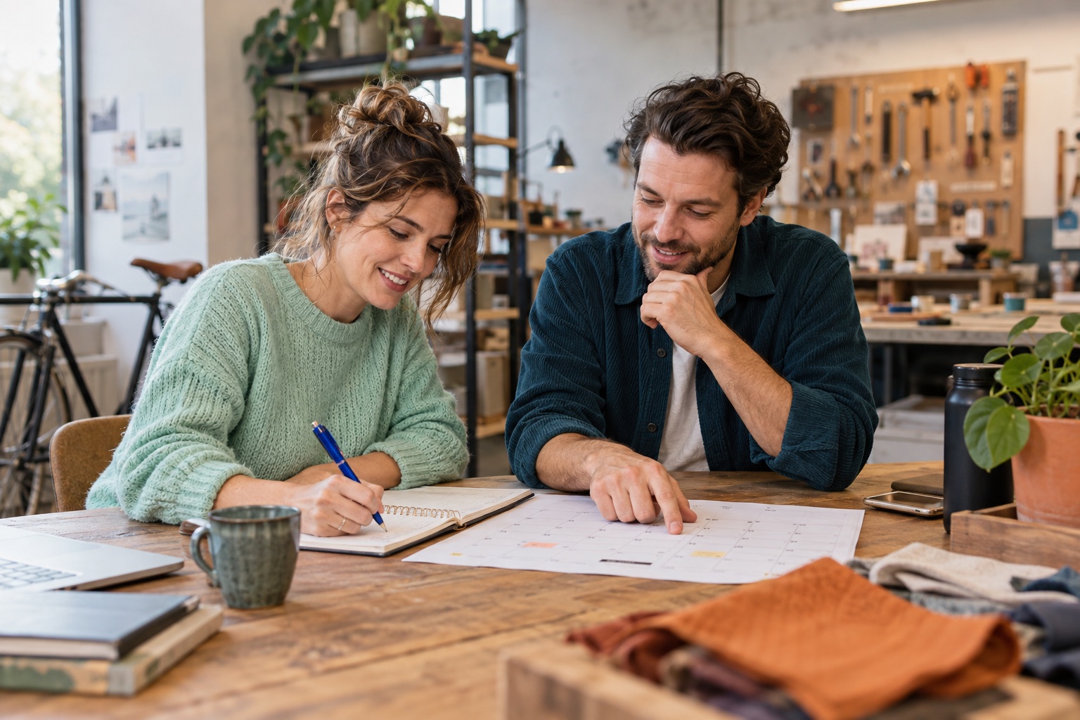 Twee ondernemers bespreken een papieren planning aan een werktafel.