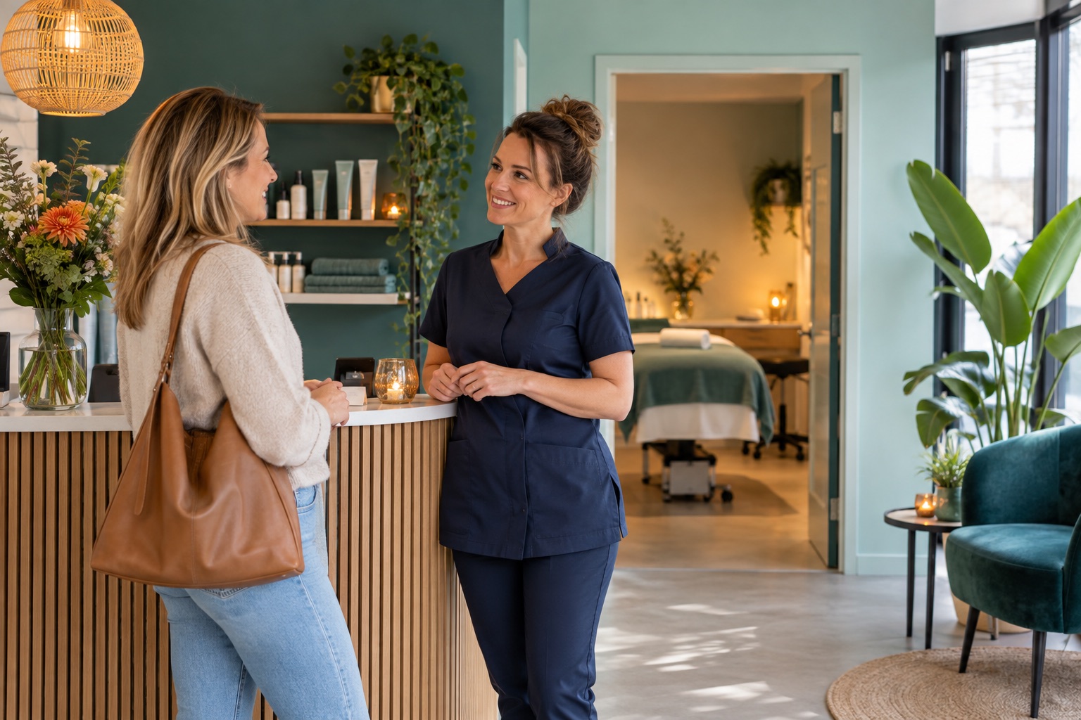 Schoonheidsspecialist begroet een bezoeker bij de receptie van een lichte salon.