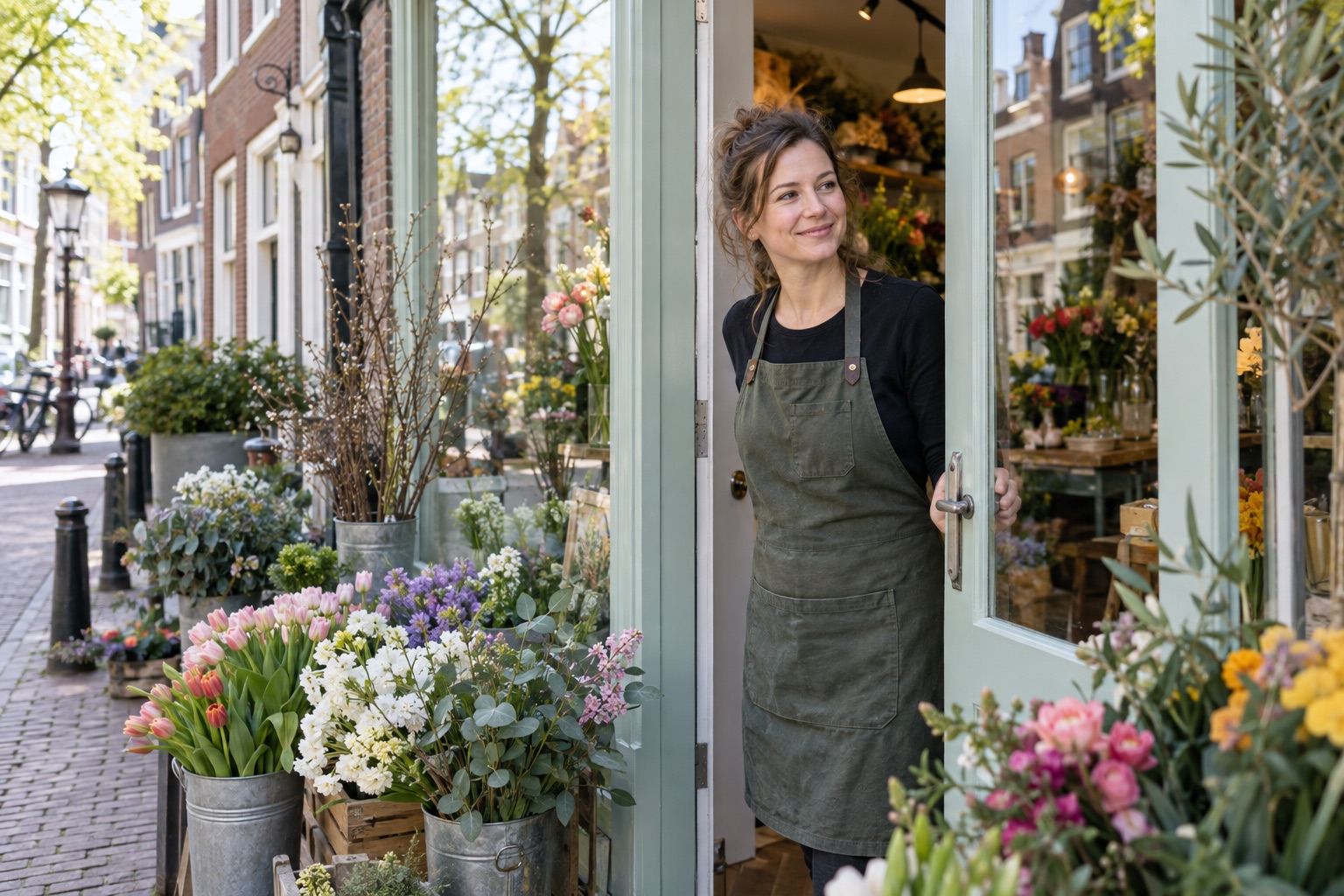 Ondernemer staat bij de ingang van een lokale winkel.